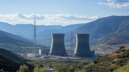 Capture of power plant cooling towers in a mountainous setting, showcasing high voltage lines under a clear blue sky, emphasizing energy and industrial landscape.の素材