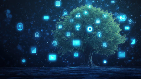 A mesmerizing digital tree stands against a dark backdrop, surrounded by glowing icons representing technology, innovation, and nature's harmonious growth in a modern world.の素材