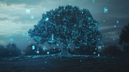 This stunning image features a futuristic digital tree surrounded by glowing icons and binary data, symbolizing the intersection of nature and technology in a cloudy landscape.の素材
