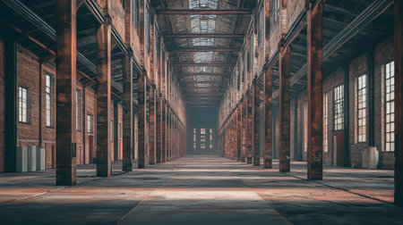 Explore a stunning image of an abandoned warehouse interior, featuring towering pillars and natural light creating an atmospheric and evocative setting.の素材