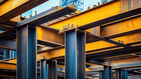 Close-up view of steel beams and columns at an industrial construction site, illustrating the intricate details of structural engineering with rust and urban backdrop.の素材