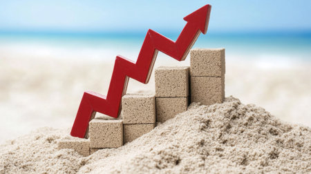 This image depicts a creative representation of financial growth using sand cubes and a red arrow, symbolizing business success and investment strategies at a beach.の素材