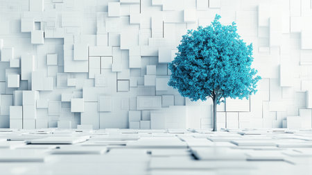 This striking image features a solitary blue tree juxtaposed against a minimalist white geometric wall, blending nature and design in a unique artistic representation.の素材