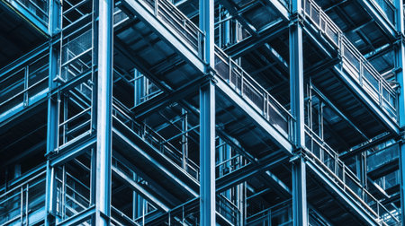 An intricate view of modern industrial architecture featuring a blue metallic framework. This image captures the essence of urban development and engineering innovation.の素材