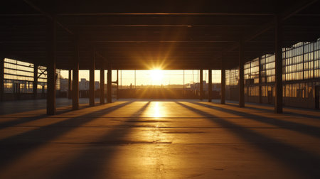 A captivating sunrise floods an empty warehouse space with warm light, creating long shadows and a tranquil atmosphere, perfect for evoking feelings of nostalgia.の素材