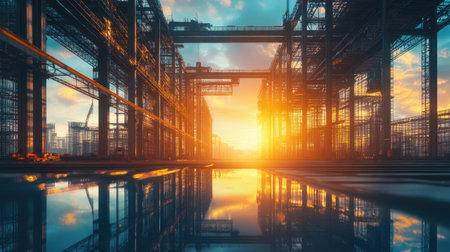 A stunning sunset illuminates an industrial construction site featuring intricate steel frameworks and captivating reflections on the water, showcasing progress and beauty.の素材