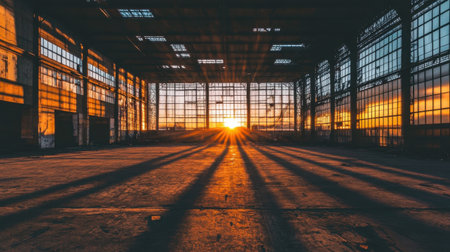 A breathtaking sunset filters through large windows of an abandoned industrial warehouse, casting long shadows and creating a serene yet dramatic atmosphere within the space.の素材