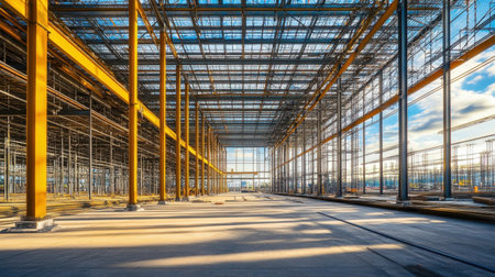 A spacious interior view of a modern construction site featuring yellow columns and a steel framework illuminated by natural light from large windows.の素材