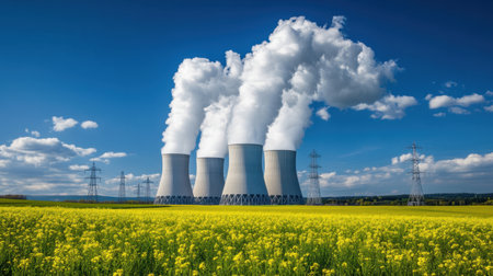 A striking scene of a nuclear power plant with cooling towers releasing steam, surrounded by a vast field of yellow rapeseed flowers under a clear blue sky.の素材
