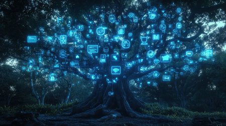 A striking digital tree stands illuminated in a dark forest, surrounded by vibrant blue icons representing technology, creativity, and innovation, evoking ideas and exploration.の素材