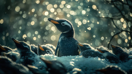 A heartwarming scene of young penguins amidst a flurry of snowflakes captures the charm of wildlife in winter, showcasing their endearing nature and tranquil beauty.の素材