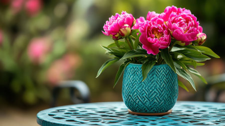 This photo captures vibrant pink peonies in a decorative blue pot, displayed on an outdoor table amidst lush greenery, evoking a peaceful garden atmosphere.の素材