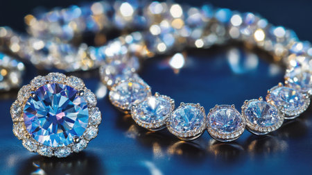 This captivating image features a stunning blue gemstone necklace adorned with sparkling diamonds. A perfect representation of luxury and elegance in jewelry design.の素材