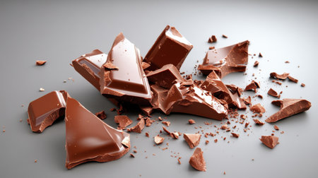 A visually appealing arrangement of broken chocolate pieces scattered on a smooth gray surface, showcasing rich textures and delectable indulgence perfect for dessert themes.の素材