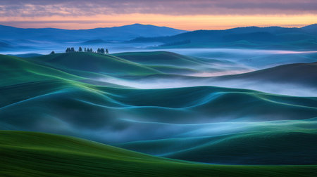 Discover a breathtaking landscape featuring rolling hills enveloped in gentle mist at dawn, showcasing a tranquil atmosphere with pastel colors and serene beauty.の素材