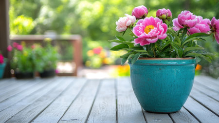 A stunning display of pink peonies in a turquoise pot brings life to a wooden deck. This peaceful garden scene filled with lush greenery and colorful blooms invites tranquility.の素材