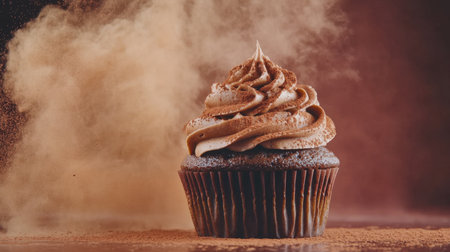 A stunning chocolate cupcake topped with luscious creamy frosting, adorned with a sprinkle of cocoa powder, set against an inviting brown background, ideal for enticing food photography.の素材