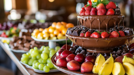 A luxurious chocolate fondue fountain at a catering event, surrounded by a vibrant selection of fresh fruits and assorted treats that elevate any dessert display.の素材