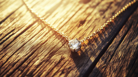 A captivating close-up of a shimmering gold necklace with a stunning diamond placed on a weathered wooden surface, enhanced by beautiful sunlight reflections.の素材