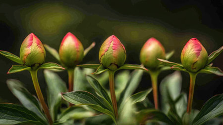 Beautiful close-up of peony buds just about to bloom, showcasing soft green bodies with pink accents. Perfect for nature enthusiasts and garden lovers.の素材