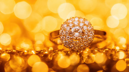 This captivating close-up features a diamond engagement ring set against a shimmering golden bokeh backdrop, highlighting the beauty and elegance of fine jewelry.の素材