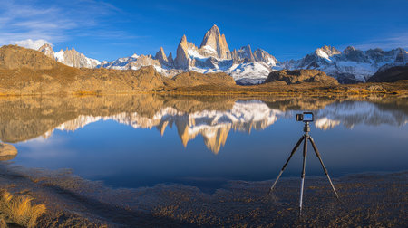 Stunning view of majestic mountains reflected in calm water during sunrise, with a camera on a tripod in the foreground, capturing nature's beauty in a national park.の素材