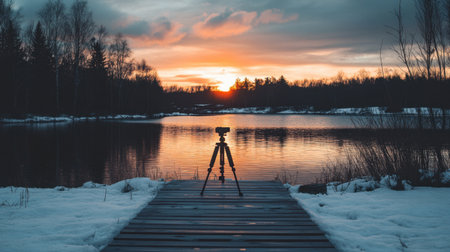 A picturesque sunset casts warm hues across a tranquil lake, with a tripod set on a wooden dock. The scene captures the beauty of nature during winter's calm moments.の素材