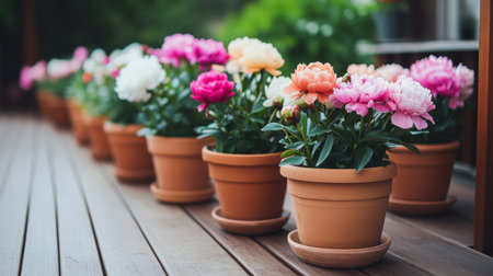 Vibrant peony flowers in terracotta pots adorn a wooden deck, creating a picturesque spring scene filled with colors and serenity, ideal for gardening enthusiasts.の素材