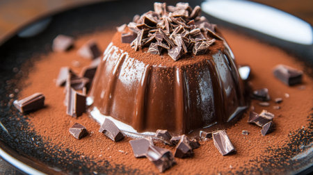 A visually striking chocolate mousse dessert, elegantly plated with rich shavings and cocoa dusting, perfect for a lavish culinary experience or sweet indulgence.の素材