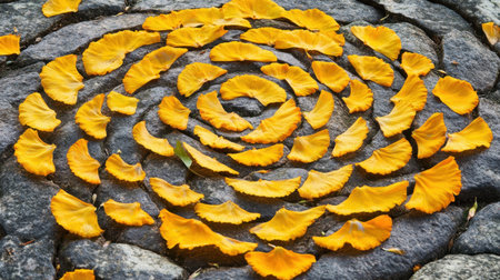 Stunning arrangement of vibrant yellow petals creating a beautiful spiral pattern on a textured stone surface, perfect for nature-inspired art and design projects.の素材