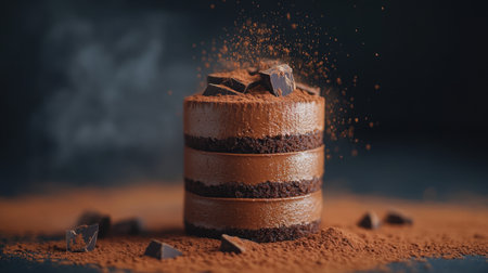 A stunning, delectable chocolate cake layered with rich mousse and cocoa powder, showcasing culinary artistry and inviting indulgence for dessert lovers and celebrations.の素材