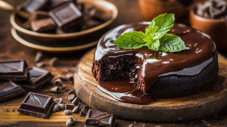 A mouth-watering chocolate cake with a glossy ganache, garnished with fresh mint leaves. Perfect for sharing at gatherings or indulging in a sweet treat at home.の素材