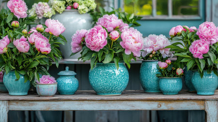 Gorgeous display of pink peonies in various turquoise pots on a rustic wooden table. This vibrant floral arrangement adds charm and elegance to any outdoor or indoor space.の素材