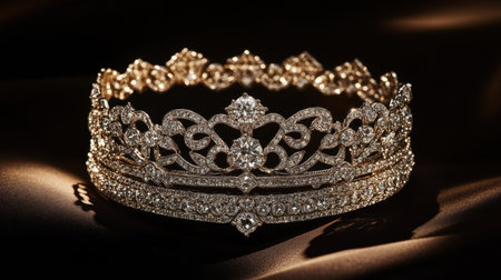 A stunning tiara adorned with sparkling gemstones, perfect for conveying elegance and luxury in bridal or royal themed photography. Enhance your projects with this exquisite piece.の素材