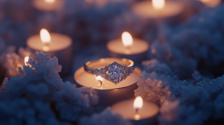A stunning diamond ring surrounded by softly lit candles creates a romantic ambiance, perfect for special occasions or intimate moments. The serene atmosphere enhances the beauty.の素材