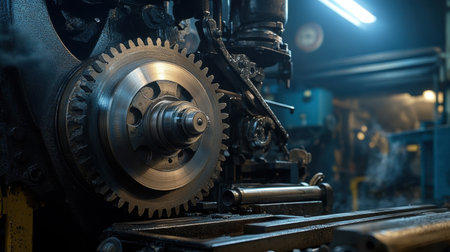 A detailed close-up of a rotating gear within an industrial workshop. The image captures the precision engineering and intricate design of machinery in action.の素材