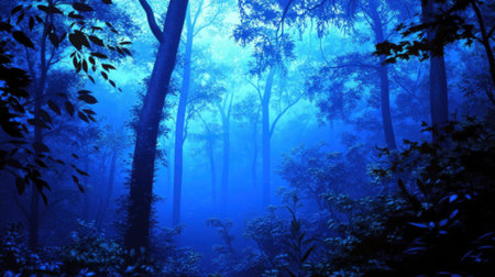 A mystical blue forest enveloped in dense mist, creating a serene atmosphere perfect for nature enthusiasts and photographers seeking tranquility in stunning landscapes.の素材