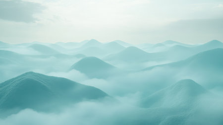 Experience a tranquil scene of soft rolling hills shrouded in a delicate fog, showcasing calming aqua tones, inviting peaceful reflection and a serene escape into nature.の素材