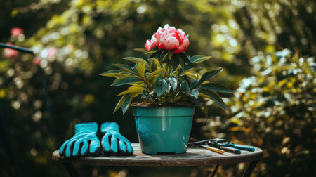 A vibrant peony plant in a turquoise pot sits on a wooden table, accompanied by gardening gloves and tools, creating a serene and inviting gardening scene outdoors.の素材