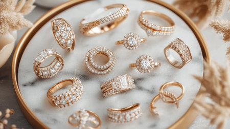 A stylish arrangement of gold and diamond rings set on a marble tray, showcasing glamour and elegance with soft decorative elements for an enchanting jewelry display.の素材