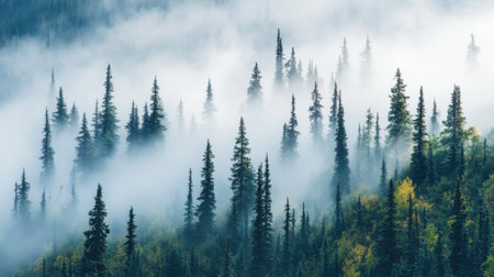 The image captures a serene landscape filled with lush pine trees emerging from a blanket of mist, evoking a sense of tranquility and natural beauty.の素材