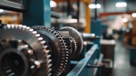 Detailed close-up image of industrial gears and machinery in an active manufacturing facility, highlighting the precision engineering and advanced technology used in production.の素材