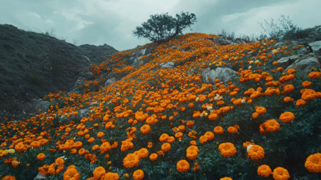 A breathtaking view of a hillside blanketed with vibrant orange marigold flowers, complemented by a solitary tree and an overcast sky, showcasing nature's beauty.の素材