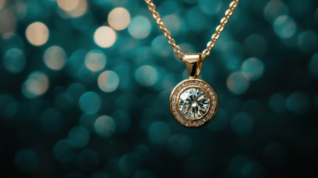 A stunning gold necklace featuring a round diamond pendant shines beautifully against a vibrant blue bokeh background, perfect for showcasing luxury and elegance.の素材