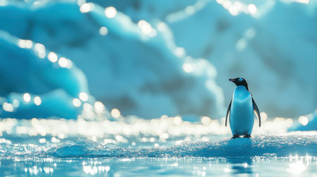 A charming penguin stands gracefully on an iceberg surrounded by stunning blue hues, capturing a tranquil moment in its icy habitat. The serene environment reflects natural beauty.の素材