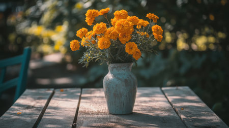 A captivating arrangement of bright yellow marigold flowers sits in a rustic vase on a wooden table, surrounded by lush green foliage under soft afternoon light.の素材