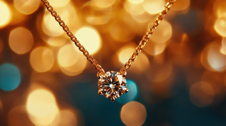 A stunning diamond pendant necklace captures light against a beautiful golden bokeh background, exemplifying elegance and luxury in jewelry design.の素材