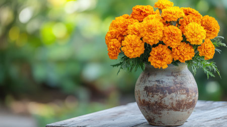 A beautiful display of vibrant orange marigold flowers arranged in a rustic clay vase, set against a soft blurred green background, perfect for nature lovers.の素材