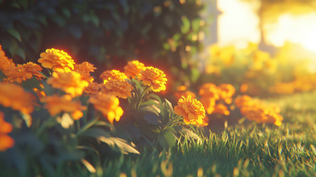 A serene garden scene featuring vibrant orange marigold flowers bathed in warm sunlight, creating a peaceful and inviting atmosphere with a soft background.の素材