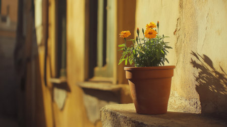 A charming potted orange flower blooms in warm sunlight, casting soft shadows against a rustic wall, creating a serene and vibrant outdoor scene.の素材